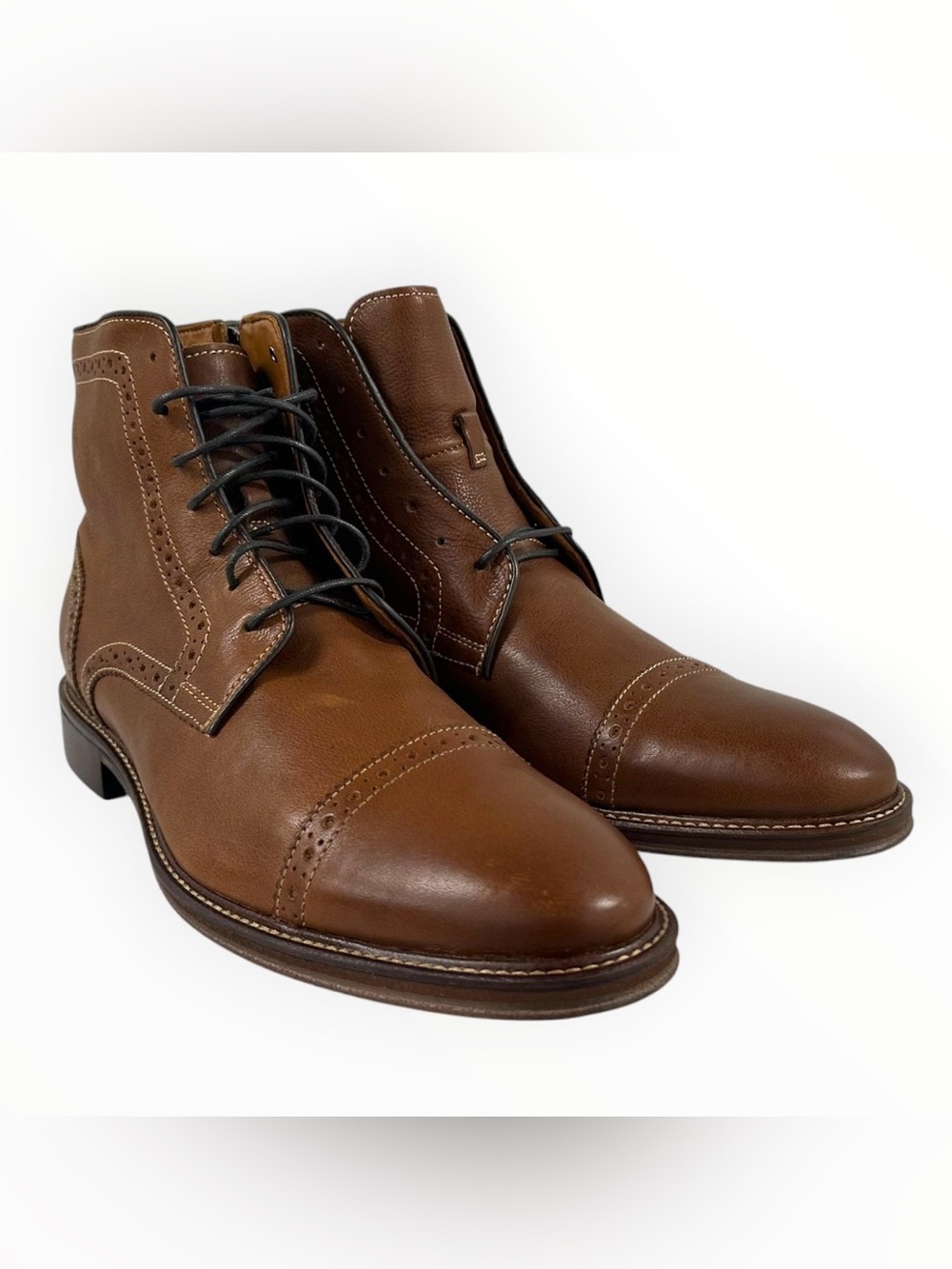 Johnston & Murphy Warner Cap Toe Zip Boots 10M Dark Tan Full Grain Leather NIB